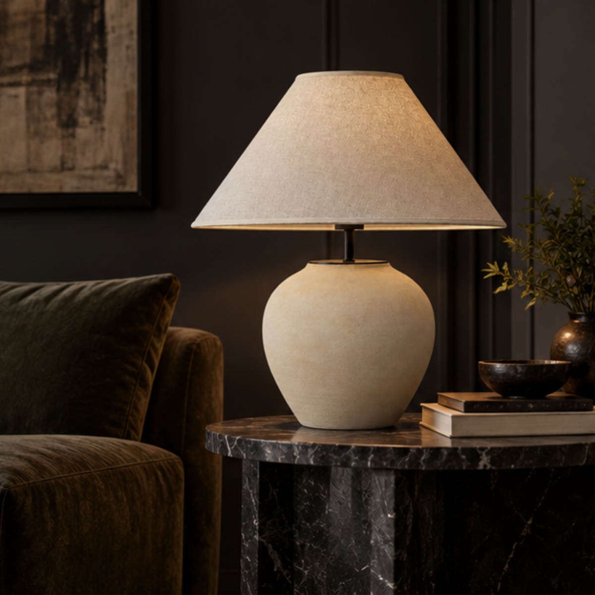 Luna, Sculpted Table Lamp, Moonlit Sphere with a Linen Shade 17.7" D x 22" H