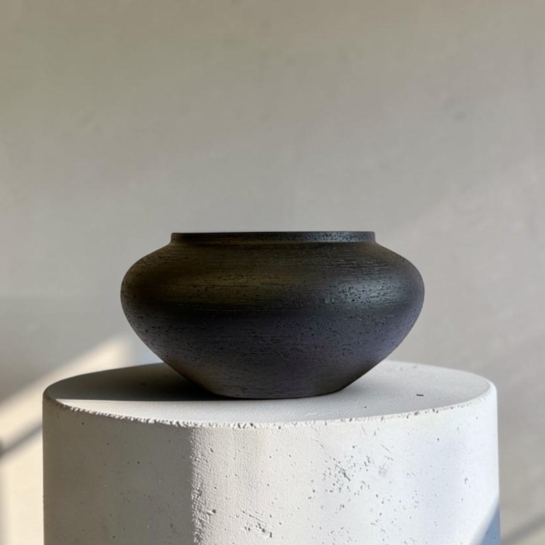 Milan, Terracotta Vessel, Handpainted in Jet Black, 12.5"D x 6.2"H
