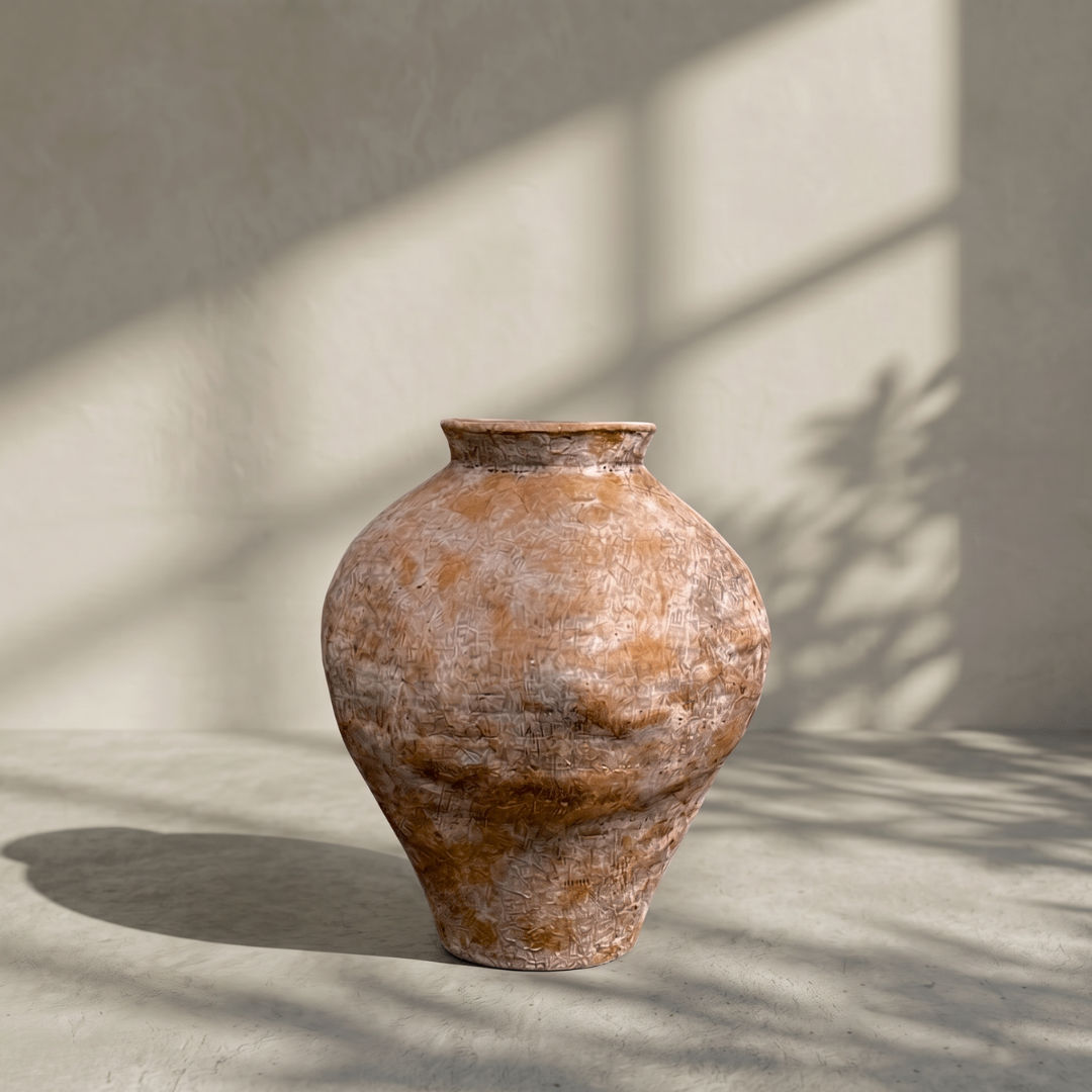 Mojave Rustique Fiber Clay Vessel, Hand-Painted in Aged Terracotta 15.7" D x 18.8" H