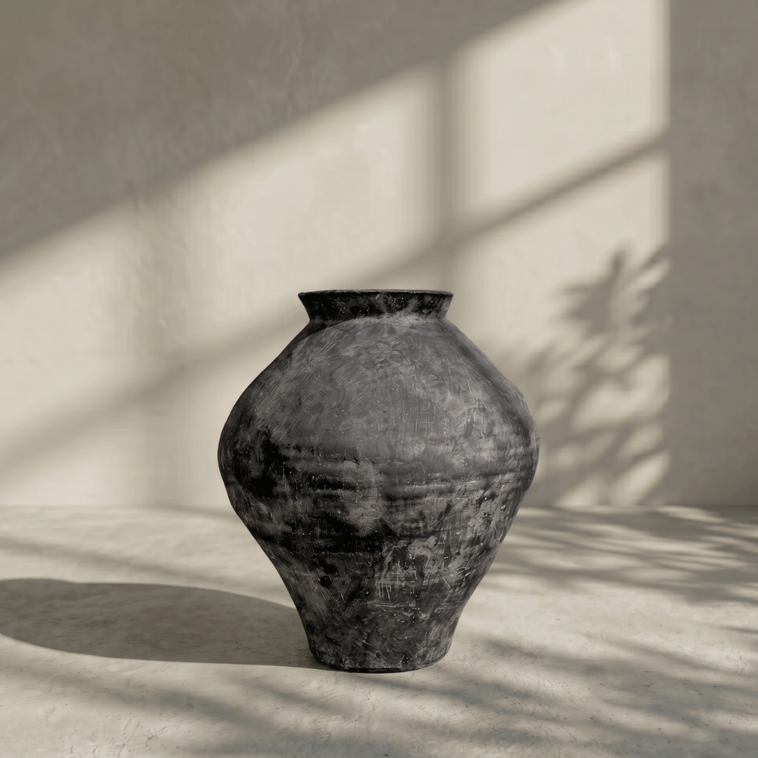 Mojave Rustique Fiber Clay Vessel, Hand-Painted in Weathered Black 15.7" D x 18.8" H