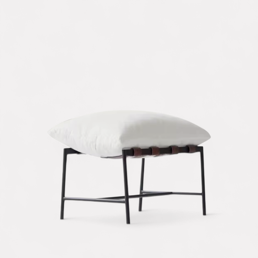 Vera, Steel & Leather Lounge Chair Foot Stool in Boucle White, 24”L x 17”W x 14”H