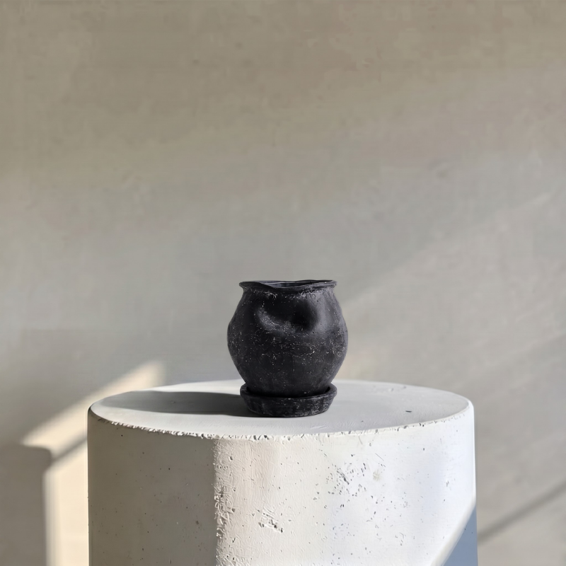 Odyssey Planter with Dish and Drainage Hole, Cement Pot in Weathered Black, 6"D x 6.5"H