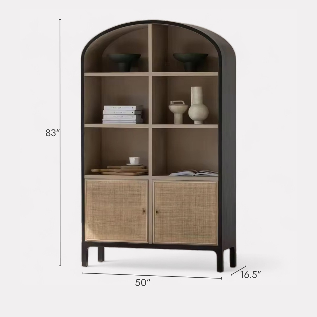 Arke, Oak & Rattan Display Bookcase in Natural Oak, Matte Brushed Black & Rattan Weave 50”L x 16.5”W x 83”H