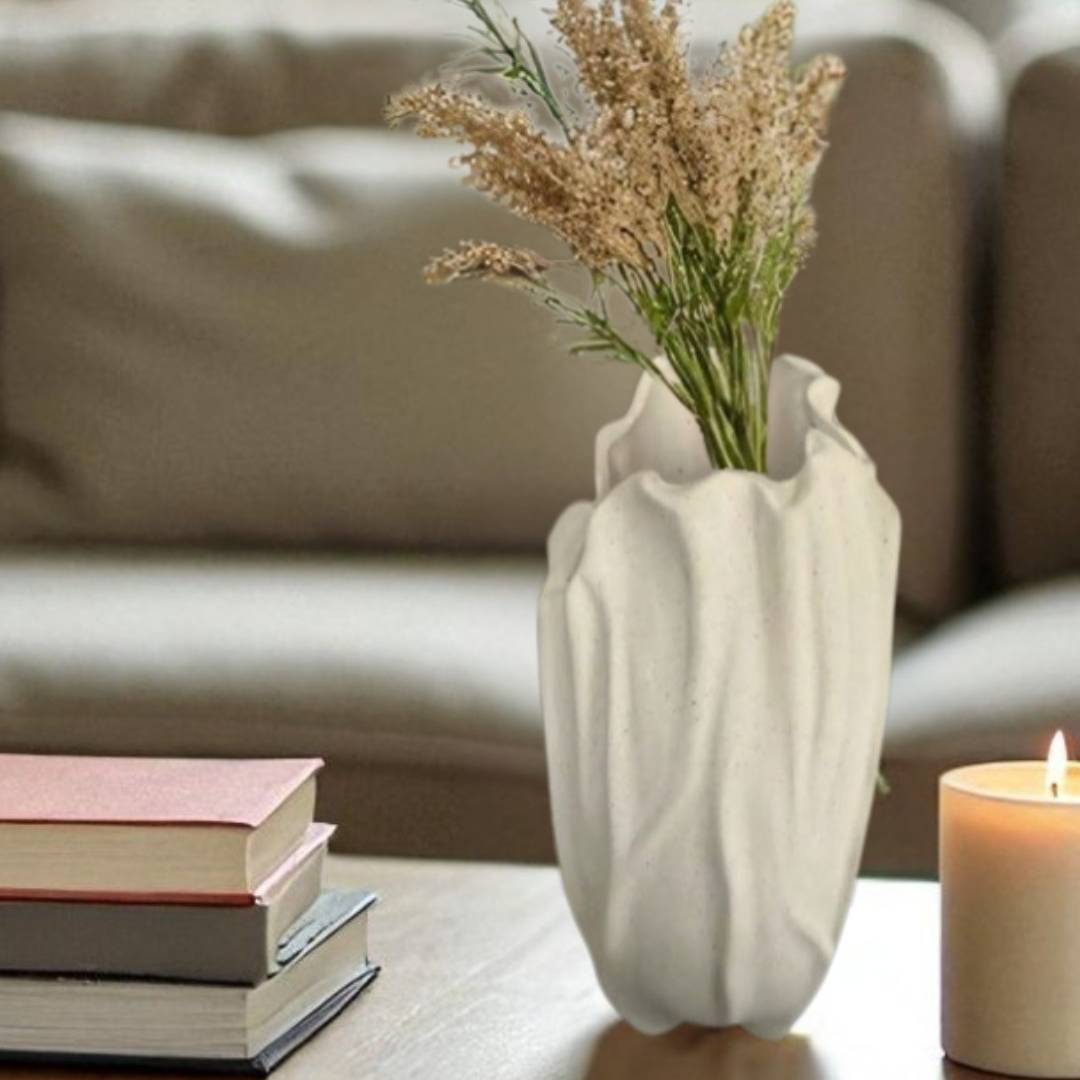 Lunaria Ivory Ceramic Sculptural Vase, 4.9"L x 4.5"W x 8.7"H.