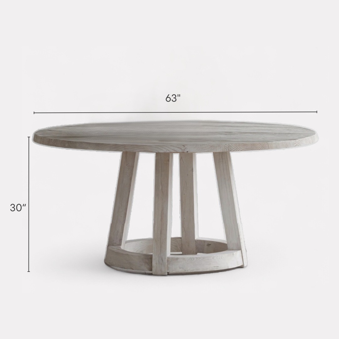 Celestin, White Pine Dining Table in Soft White Limewash Finish, 63”D x 30”H