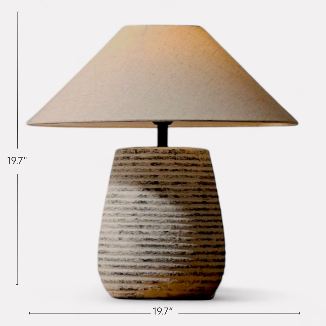 Solvia, Striated Sandstone Ceramic Base with Linen Dawn Fabric Shade, 19.7" D x 19.7" H