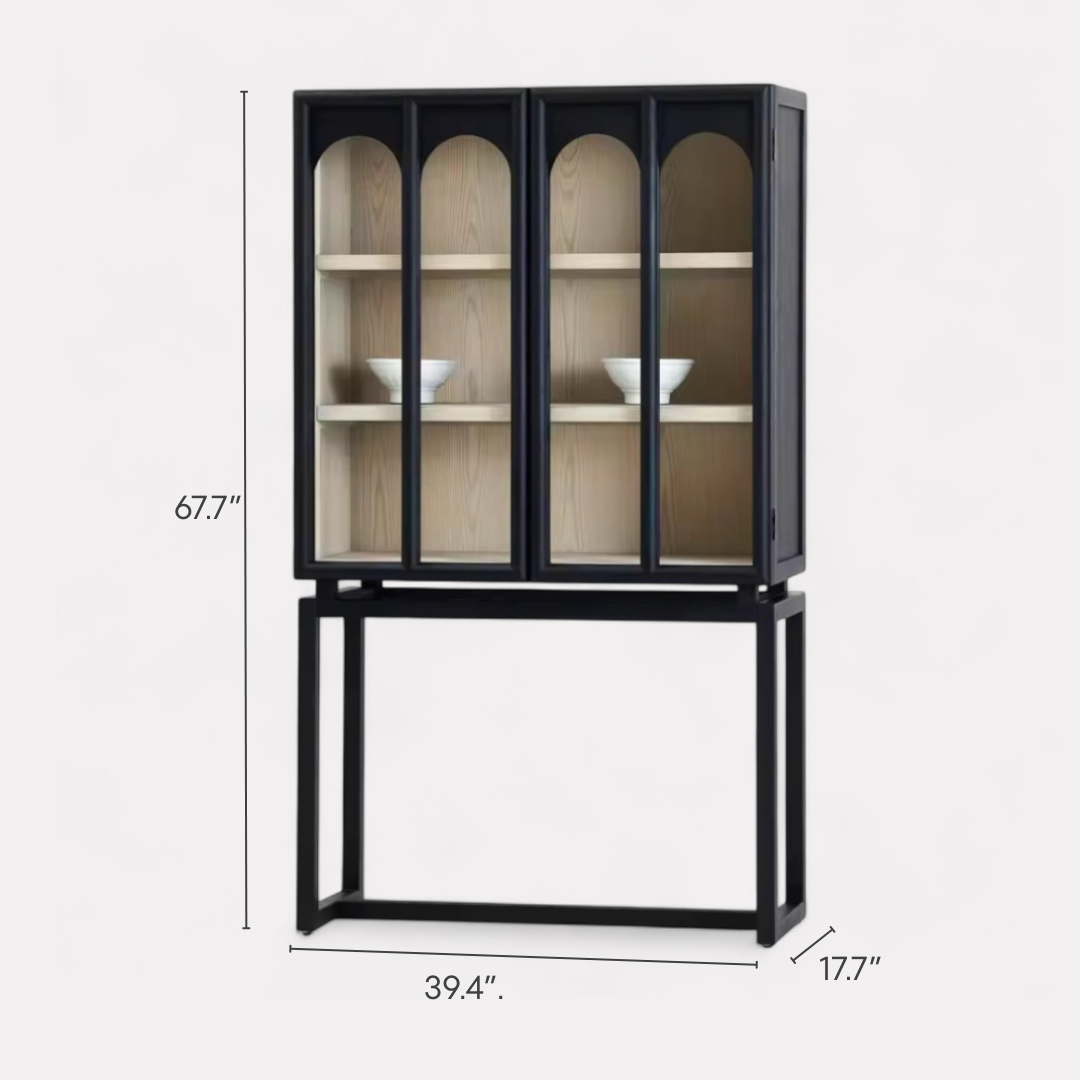 Ephyra, Oak Display Cabinet in Waxed Black Finish, Featuring  Arch Glass Doors, 39.4”L x 17.7”W x 67.7”H.