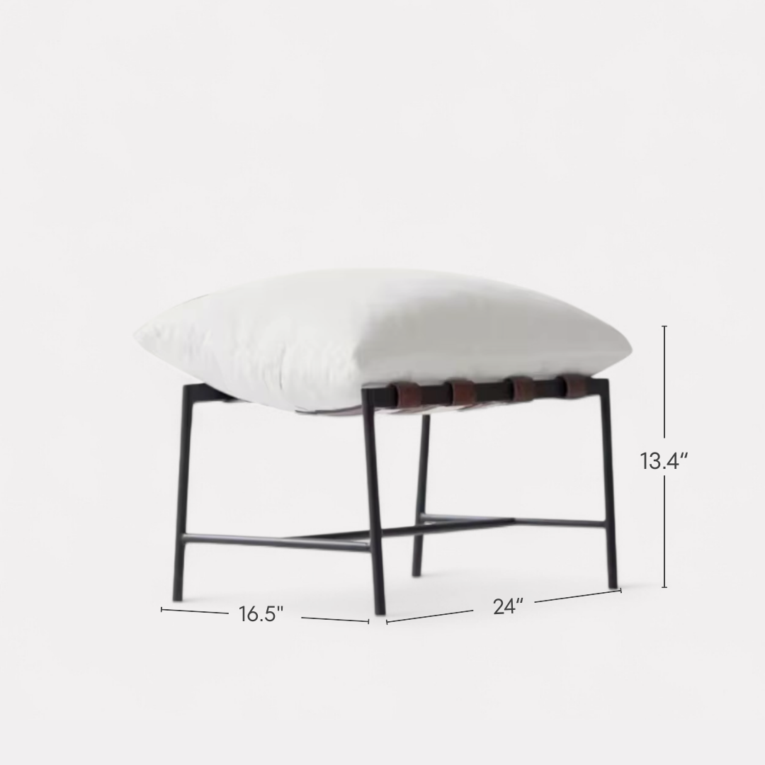 Vera, Steel & Leather Lounge Chair Foot Stool in Boucle White, 24”L x 17”W x 14”H