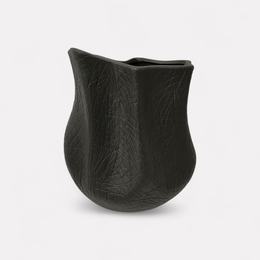 Everest Terracotta Vessel, Hand-painted in Jet Black, 11.4"L x 13.4"H