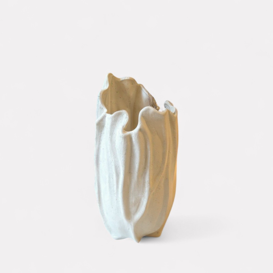 Lunaria Ivory Ceramic Sculptural Vase, 4.9"L x 4.5"W x 8.7"H.