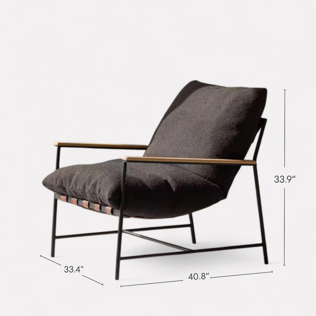 Vera, Steel & Leather Oversized Lounge Chair in Boucle Black, 33”L x 41”W x 34”H