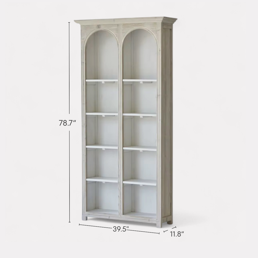 Athis, Double-Arch Recycled Pine, Bookcase/ Display Cabinet in Natural Limewash Finish, 40"L x 12"W x 79"H