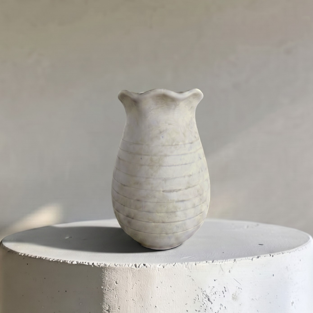 Sable Scalloped Crock, Terracotta Pot, Hand-Painted in Aged White, 6.2"D x 9.4"H