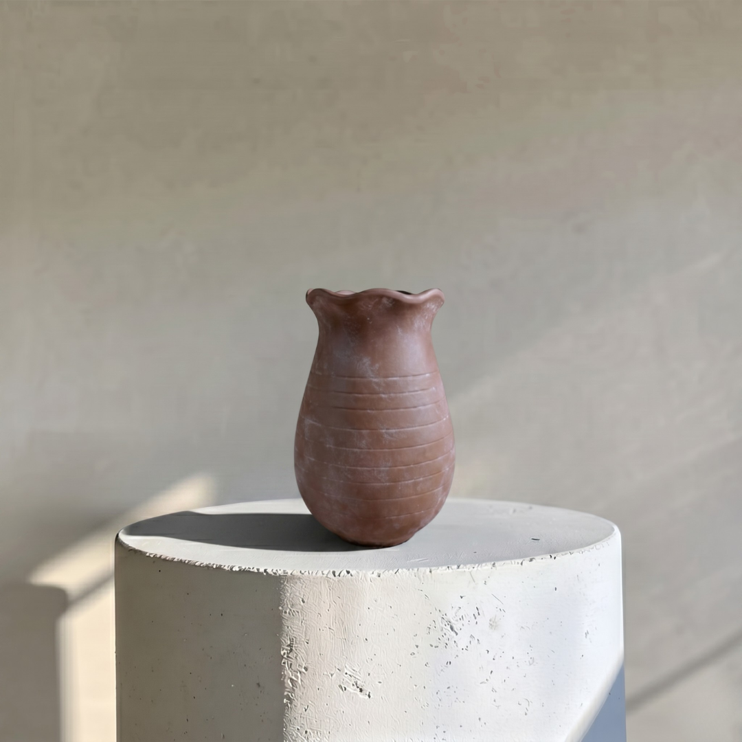 Sable Scalloped Crock,Terracotta Pot,Hand-Painted in Earthly Brown, 6.2"D x 9.4"H