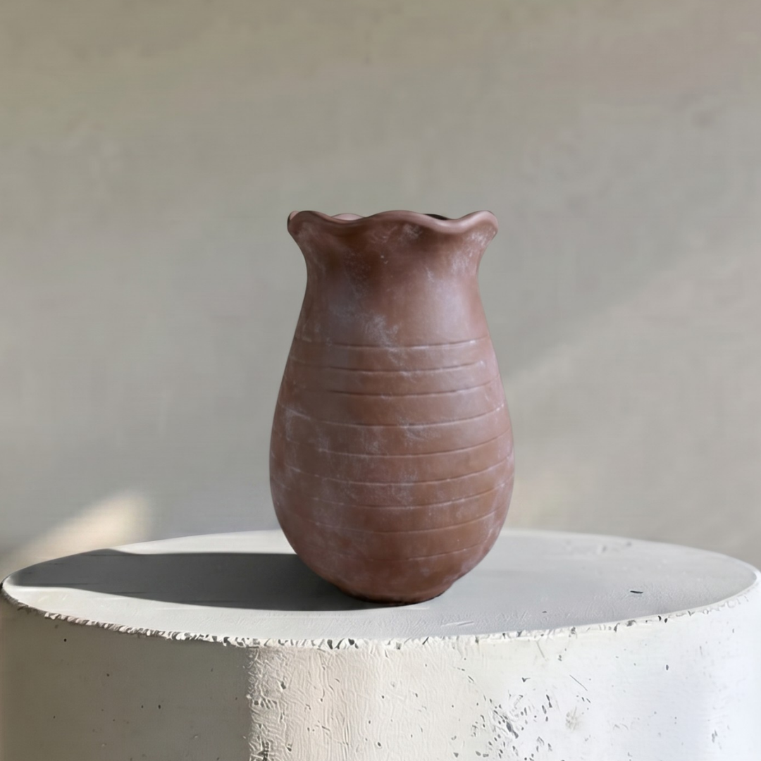 Sable Scalloped Crock,Terracotta Pot,Hand-Painted in Earthly Brown, 6.2"D x 9.4"H
