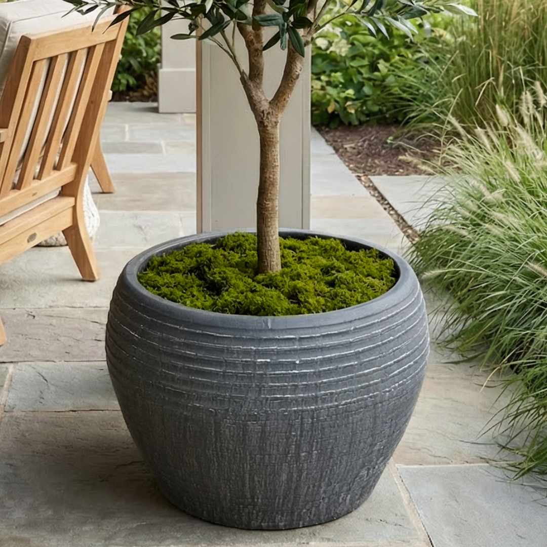 Sahara Fiber Clay Planter, Hand-painted in Earthly Gray, 19.6"D x 13"H