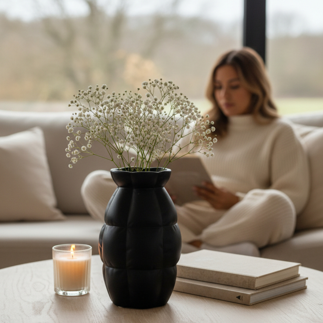 Skylark Terracotta Vase, Hand-painted in Jet Black, 5.5"D x 9"H