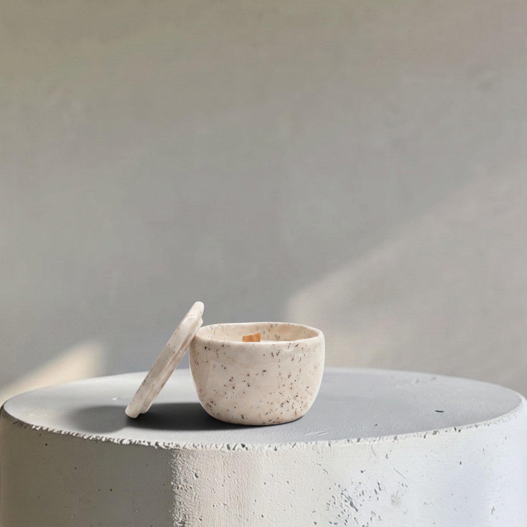 Speckled Solace, Handcrafted Candēla with Ceramic Vessel & Lid, 2.7" D x 2.7"H