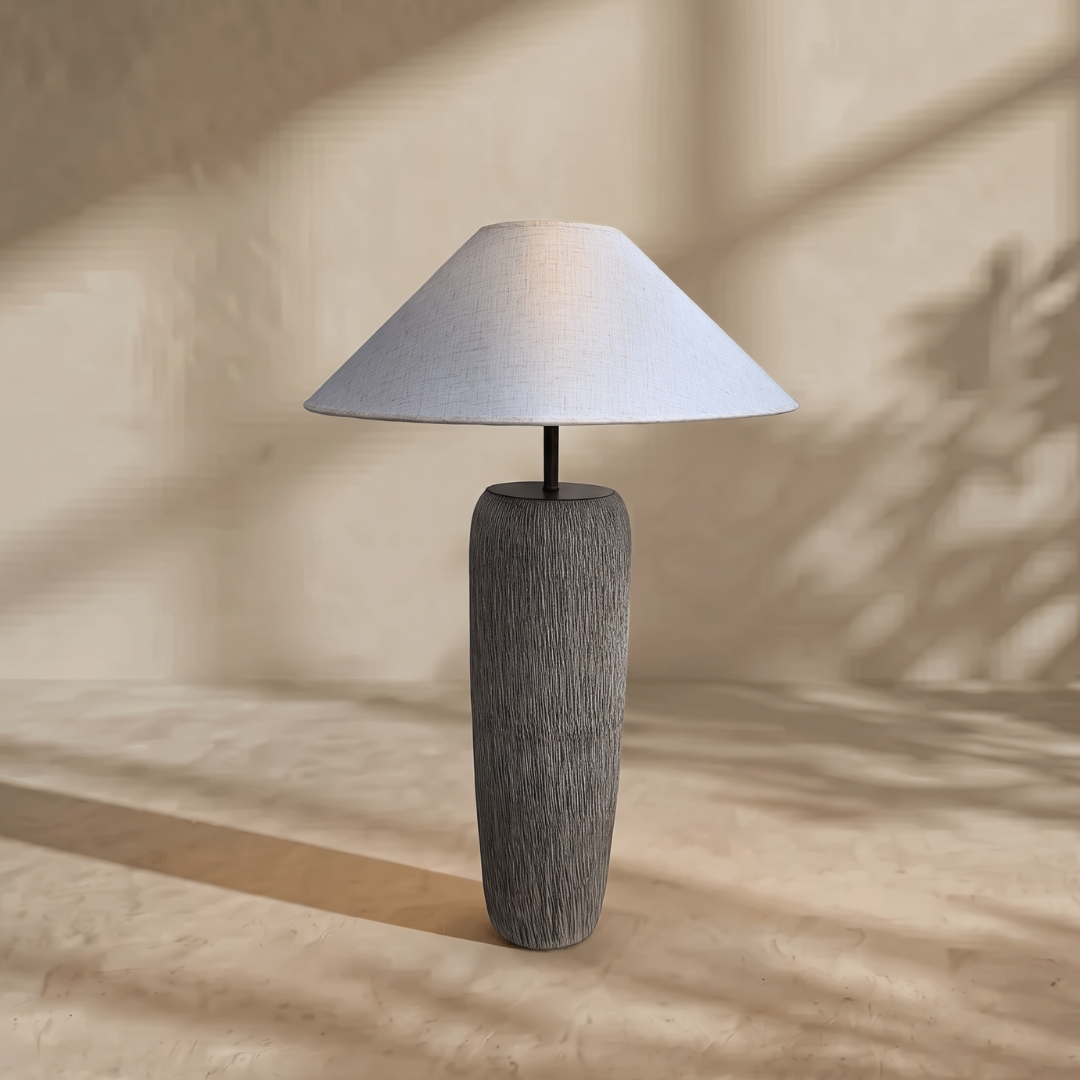 Solenna, Sculpted Ceramic Base with Luxe Woven Fabric Shade