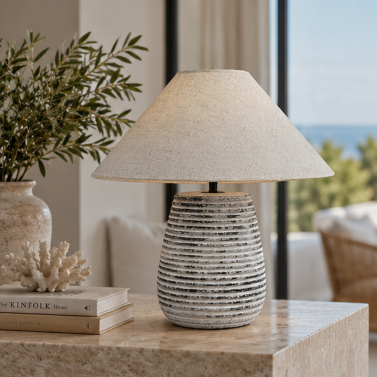 Solvia, Striated Sandstone Ceramic Base with Linen Dawn Fabric Shade, 19.7" D x 19.7" H