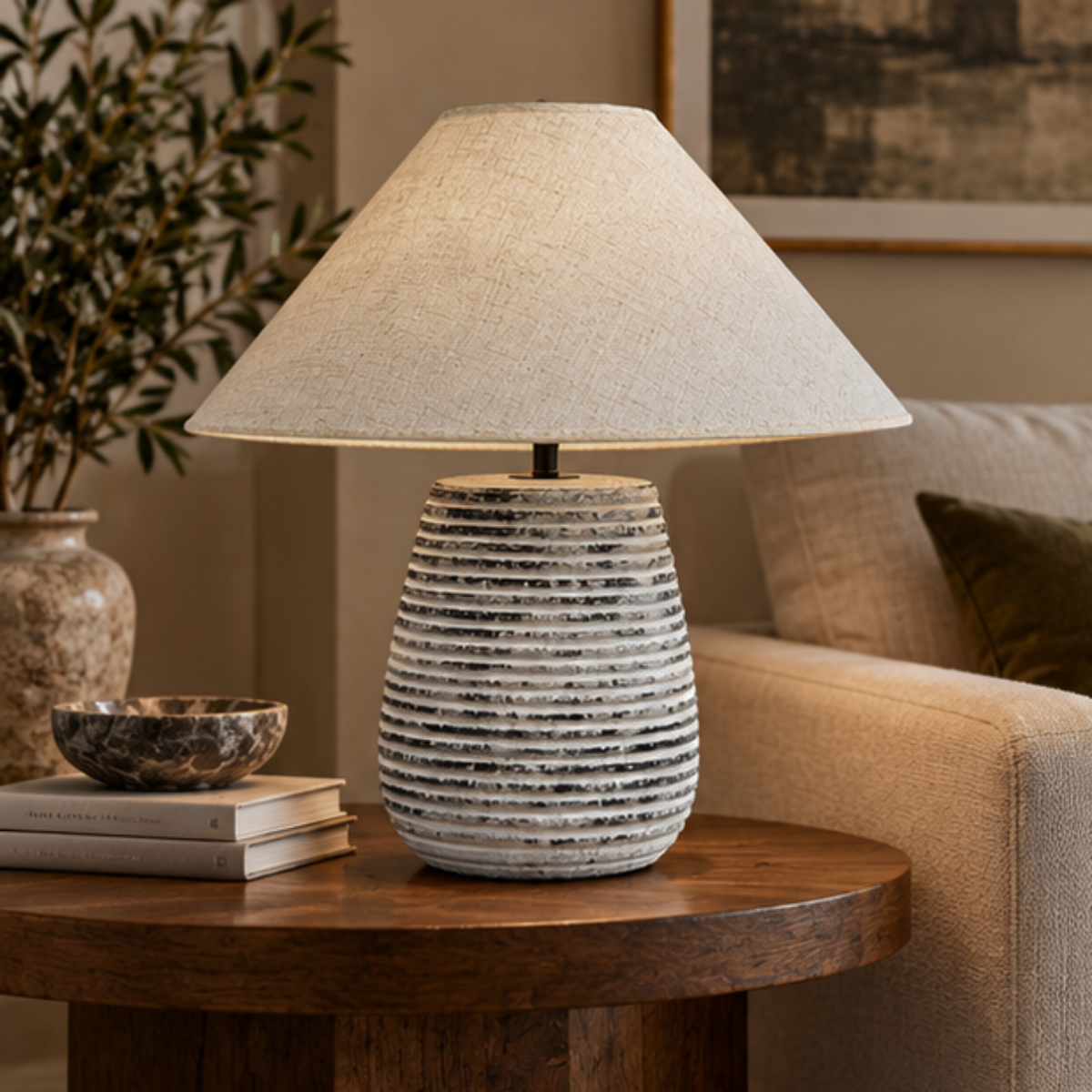 Solvia, Striated Sandstone Ceramic Base with Linen Dawn Fabric Shade, 19.7" D x 19.7" H