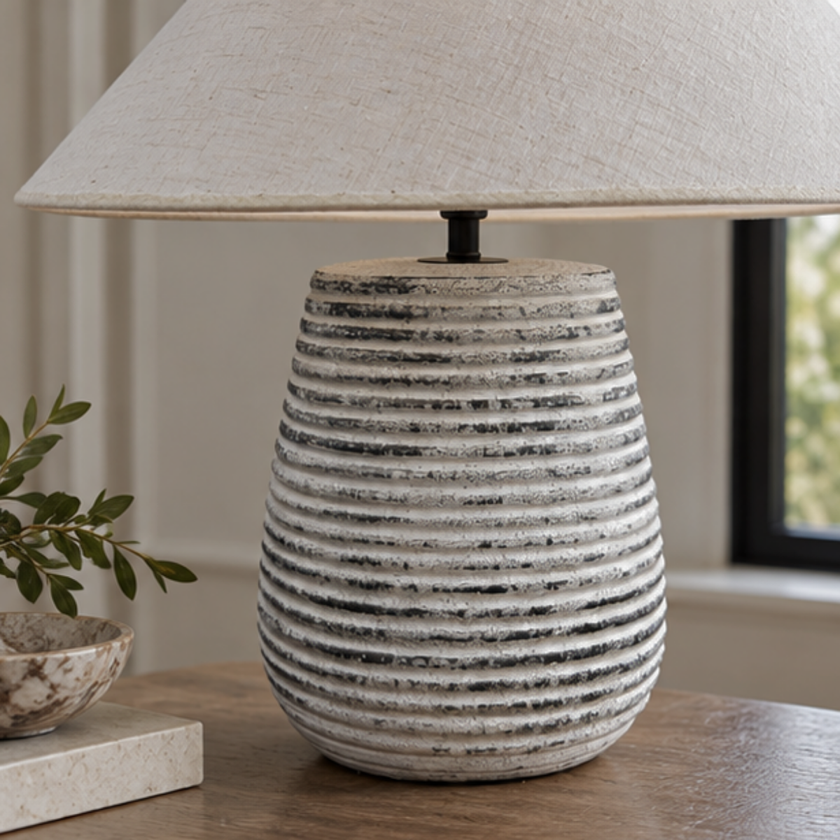 Solvia, Striated Sandstone Ceramic Base with Linen Dawn Fabric Shade, 19.7" D x 19.7" H