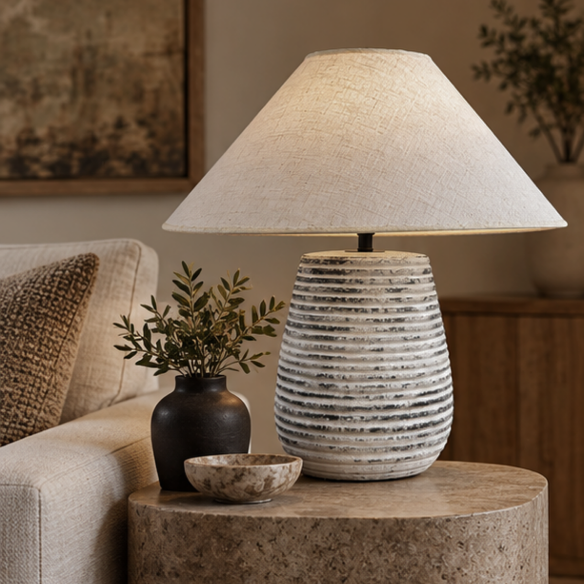 Solvia, Striated Sandstone Ceramic Base with Linen Dawn Fabric Shade, 19.7" D x 19.7" H