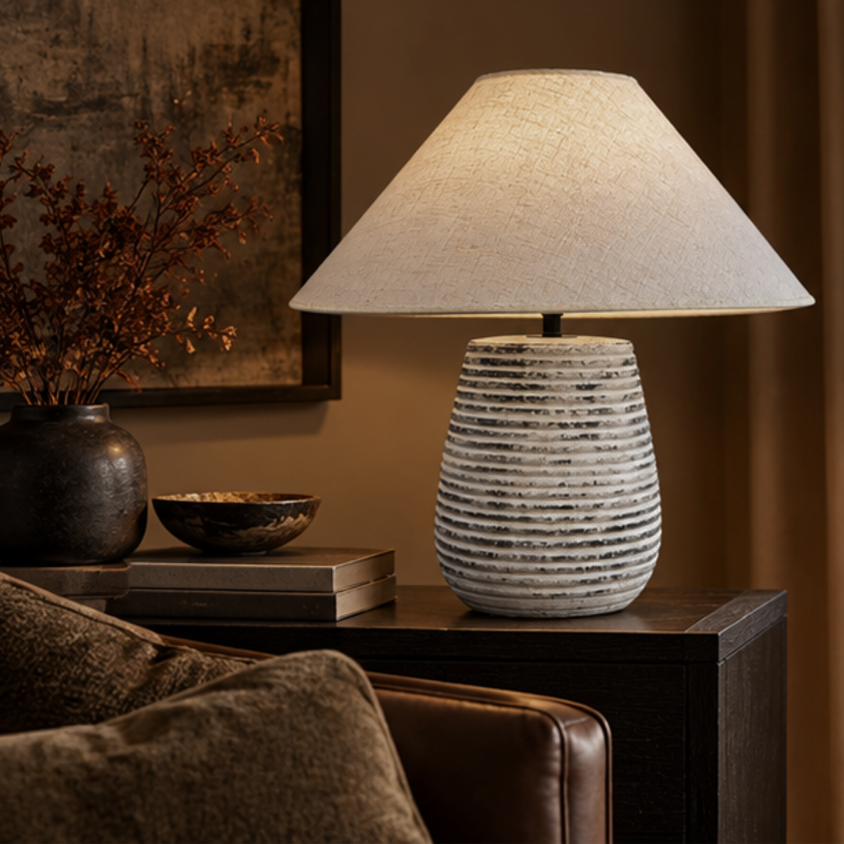Solvia, Striated Sandstone Ceramic Base with Linen Dawn Fabric Shade, 19.7" D x 19.7" H