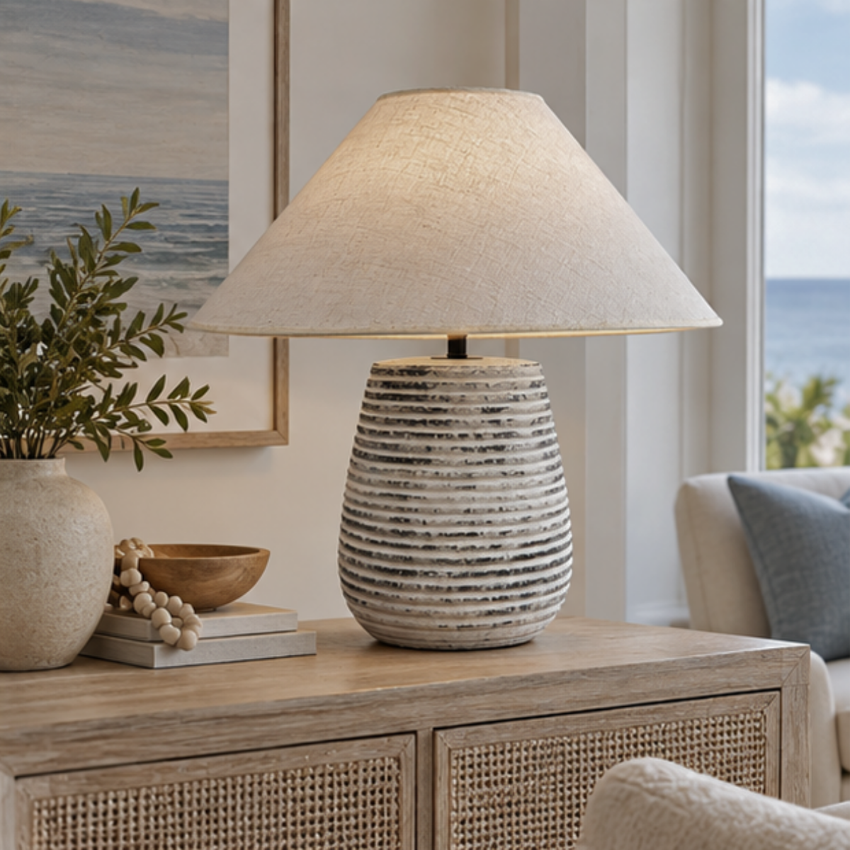 Solvia, Striated Sandstone Ceramic Base with Linen Dawn Fabric Shade, 19.7" D x 19.7" H