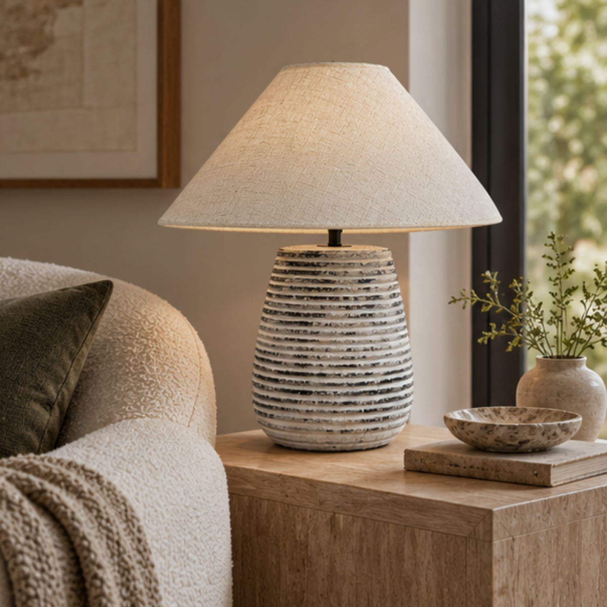 Solvia, Striated Sandstone Ceramic Base with Linen Dawn Fabric Shade, 19.7" D x 19.7" H