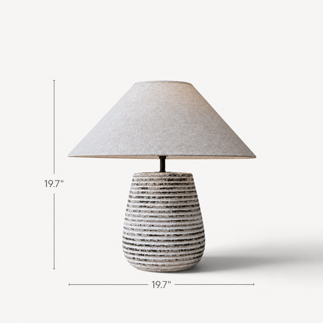 Solvia, Striated Sandstone Ceramic Base with Linen Dawn Fabric Shade, 19.7" D x 19.7" H