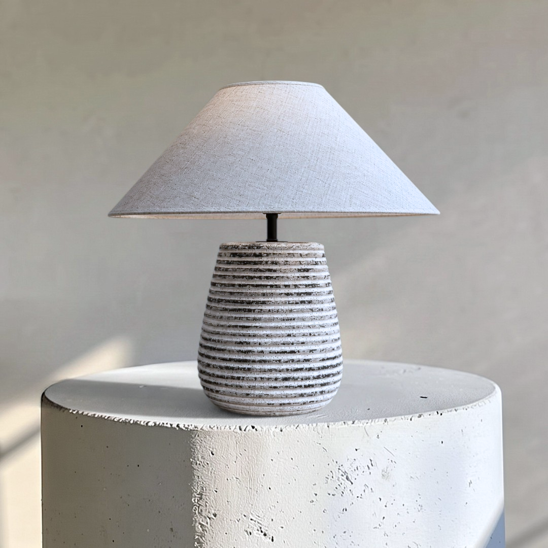 Solvia, Striated Sandstone Ceramic Base with Linen Dawn Fabric Shade, 19.7" D x 19.7" H