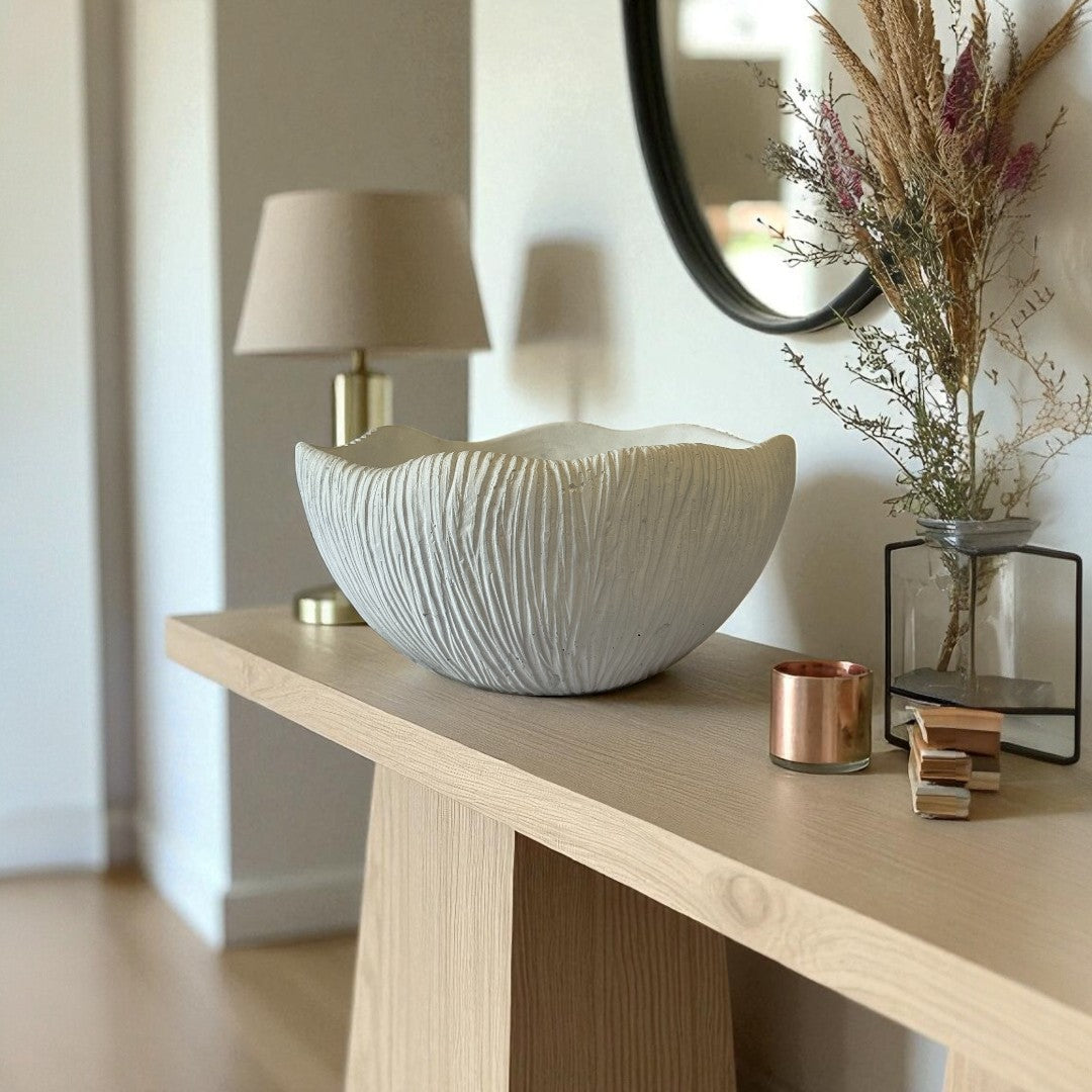 Somerset Bowl, Artisan Cement Display Piece Hand-painted in White Dove, 11.6" L x 9.8" W x 5.9" H