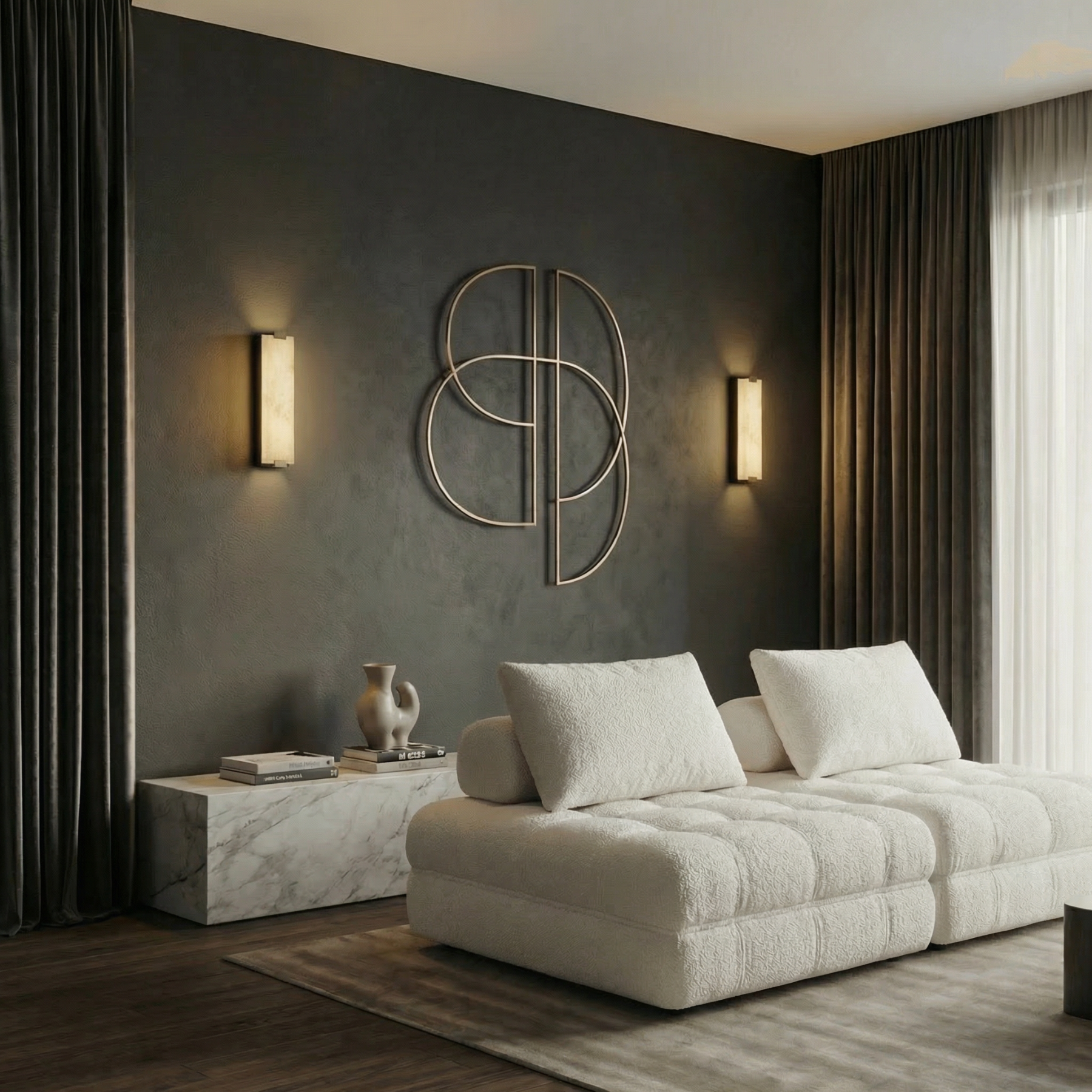 Sylvia Collection, Natural Alabaster & Solid Brass, Luxe Sconce; Class, Boldness, and Natural Beauty for Upscale Spaces, 4.72" L x 1.97" W x 15.75" H