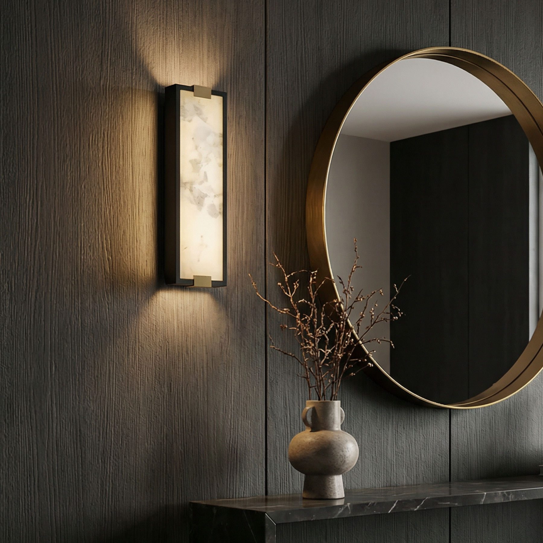 Sylvia Collection, Natural Alabaster & Solid Brass, Luxe Sconce; Class, Boldness, and Natural Beauty for Upscale Spaces, 4.72" L x 1.97" W x 15.75" H