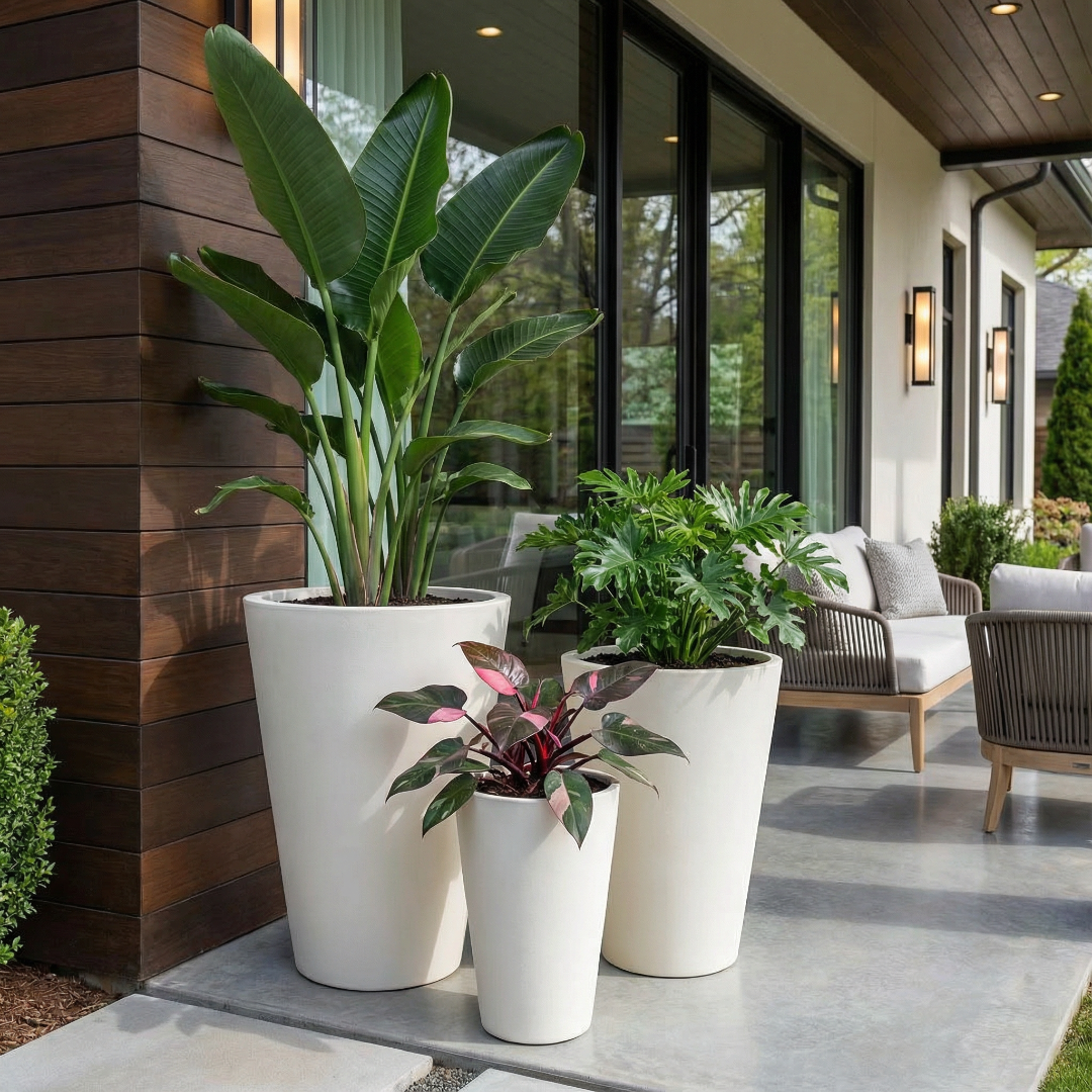 Tahiti Fiber Clay Planter, Hand-painted in White Dove