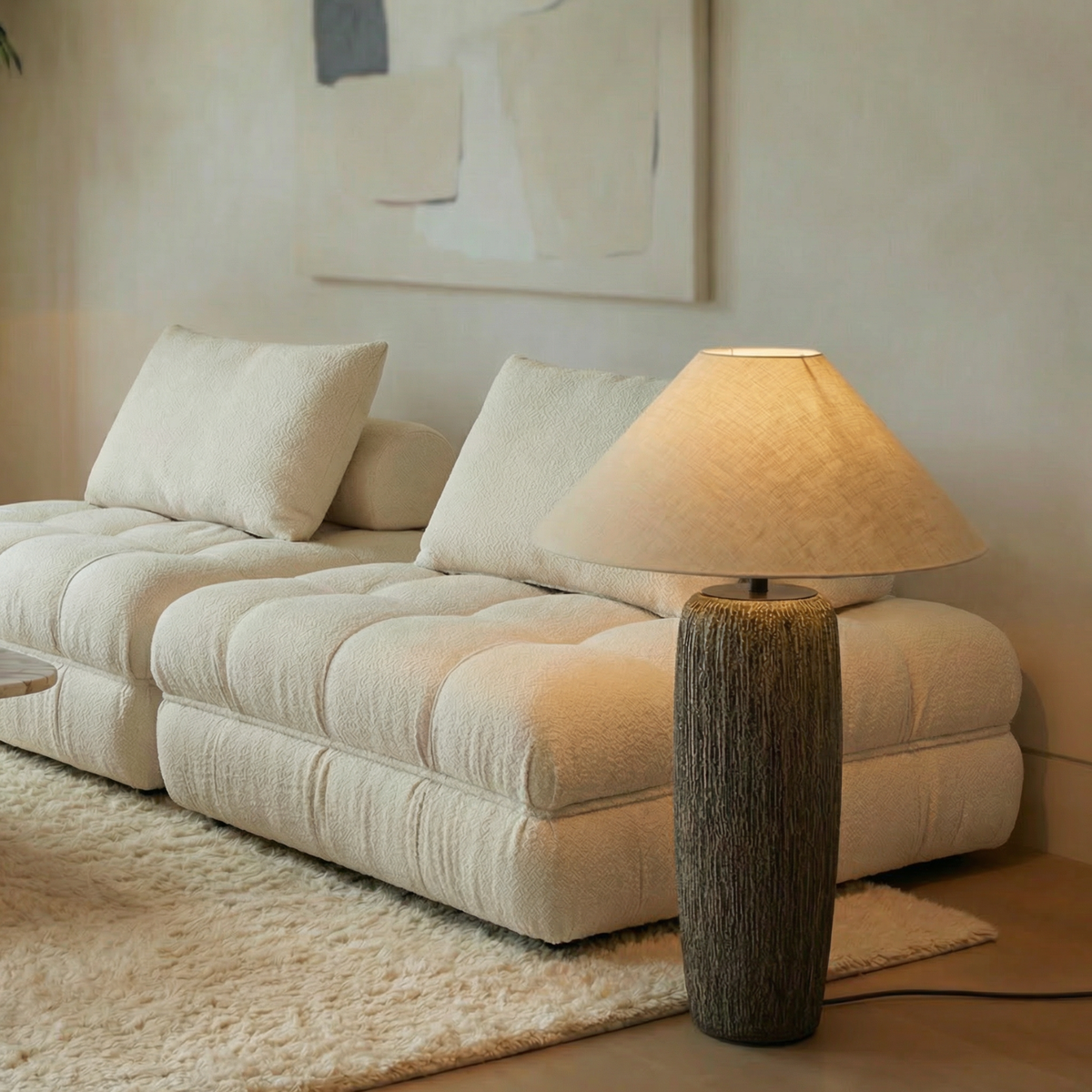 Solenna, Sculpted Ceramic Base with Luxe Woven Fabric Shade, 21.7" D x 43.3" H