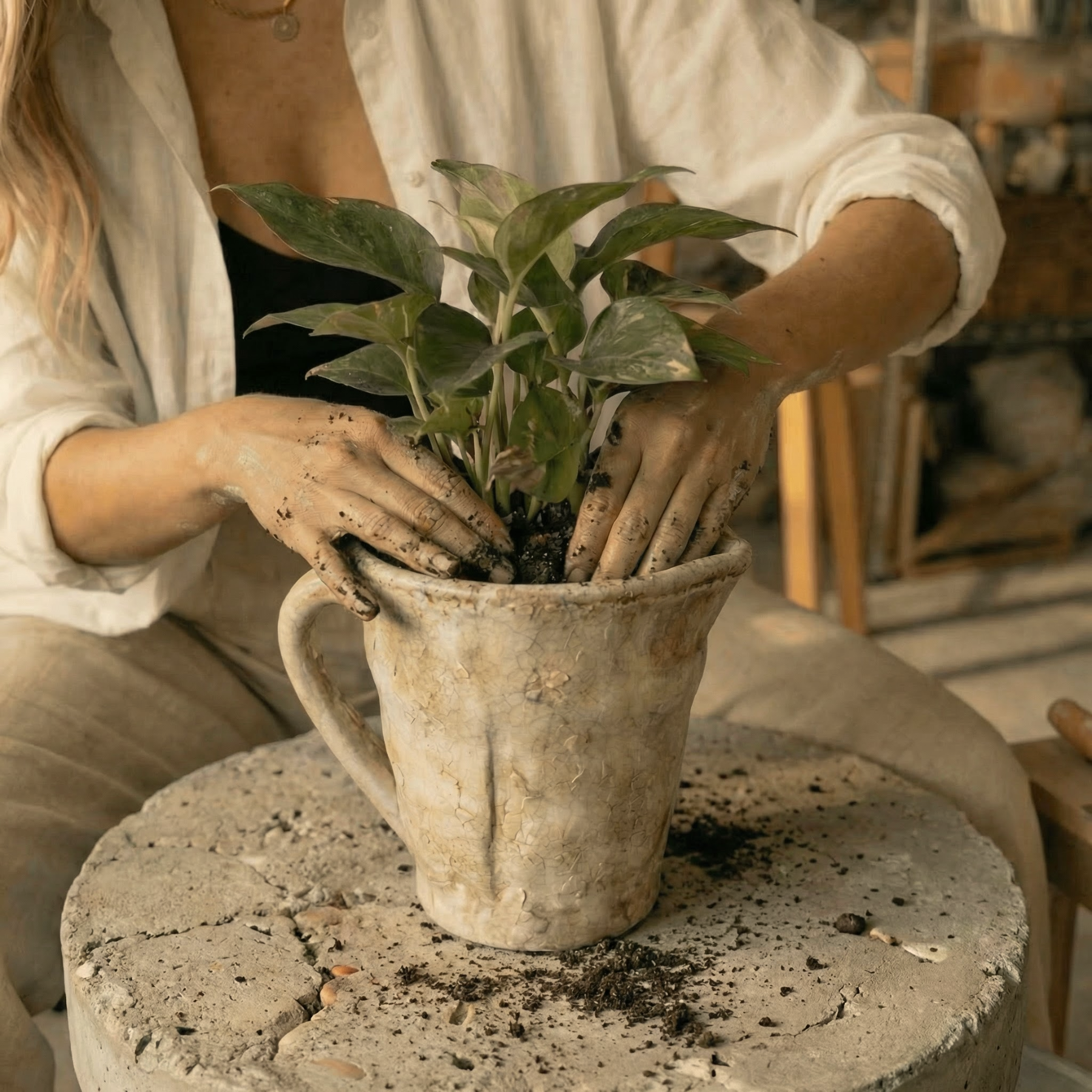 Valencia Carafe-Style Cement Planter, Hand-Painted in Aged White, 8.5"D x 7"H