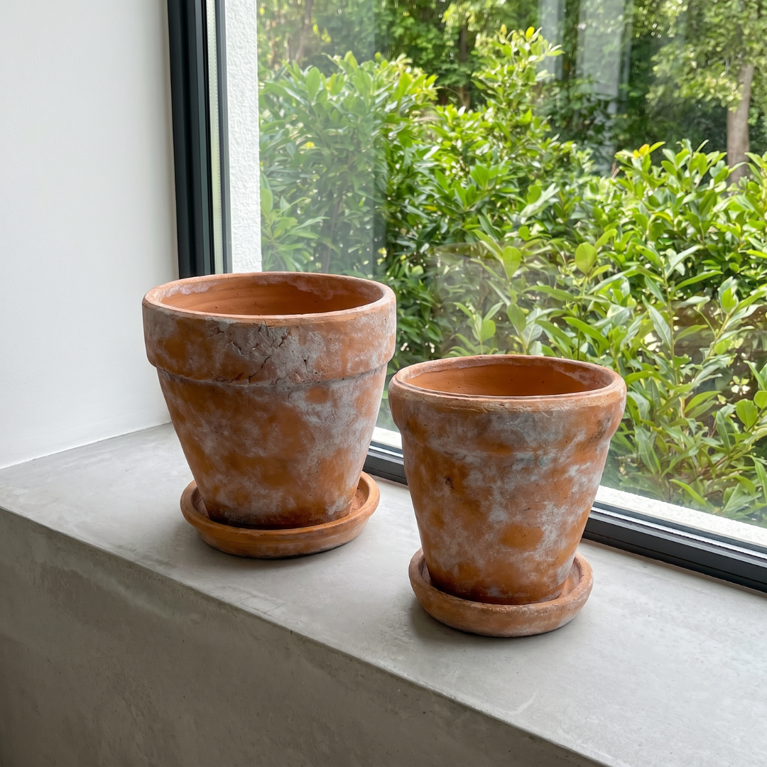 Venice Cement Planter with Dish and Drainage Hole, Handcrafted in Aged Terracotta, Large & Medium