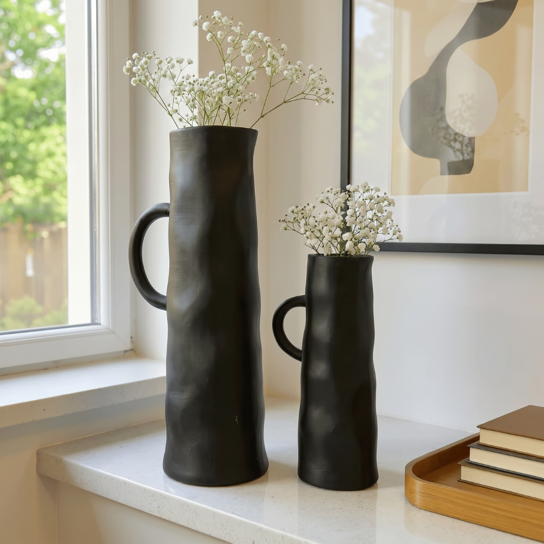 Savannah Pitcher-Style, Terracotta Vessel, Handpainted in Jet Black