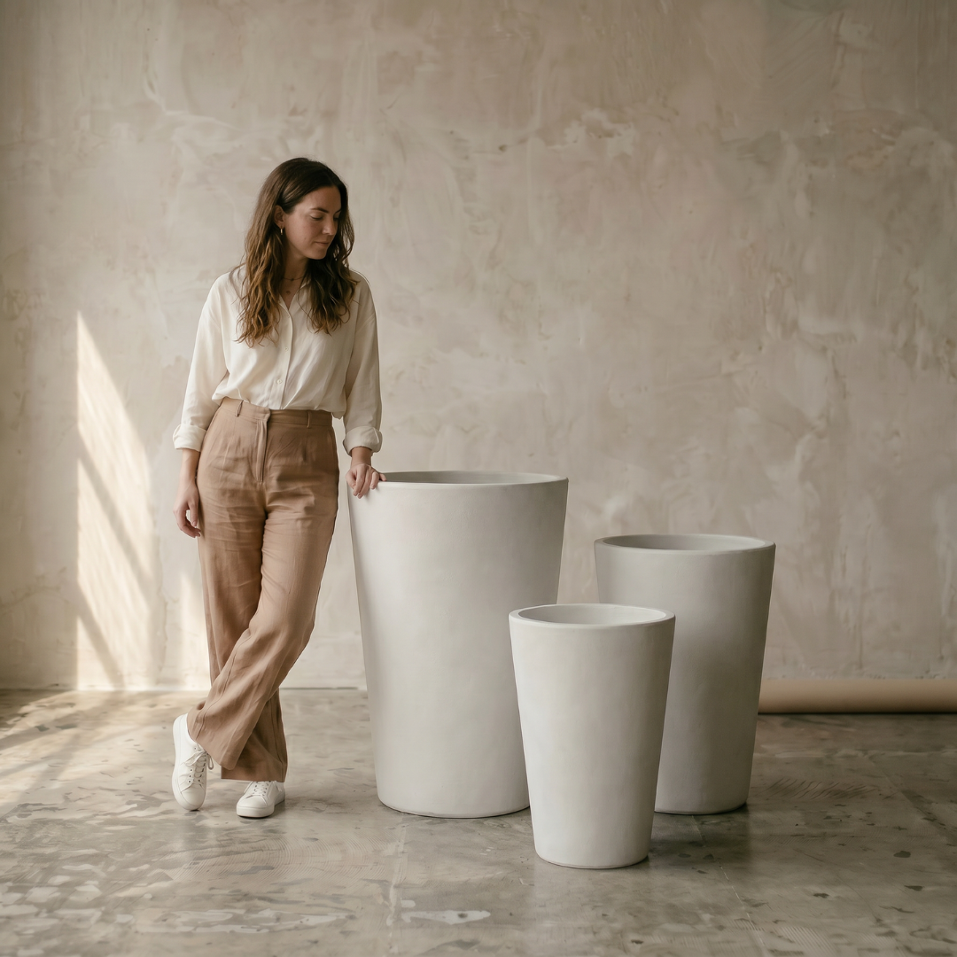 Tahiti Fiber Clay Planter, Hand-painted in White Dove