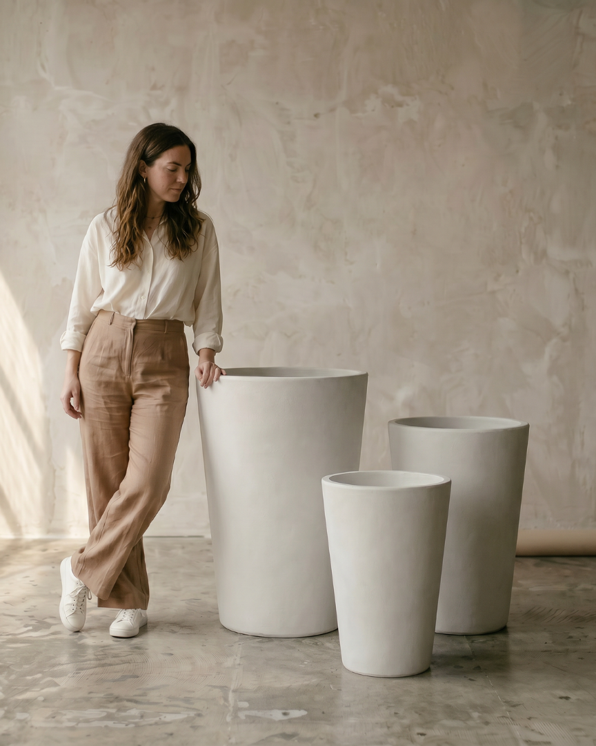 Tahiti Fiber Clay Planter, Hand-painted in White Dove