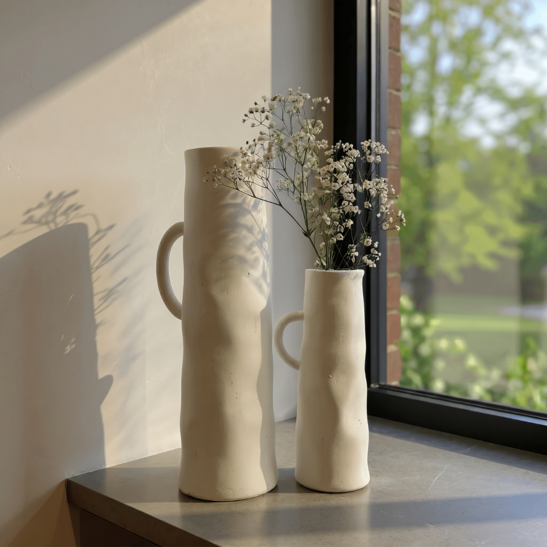 Savannah Pitcher-Style, Terracotta Vessel, Handpainted in Oyster White