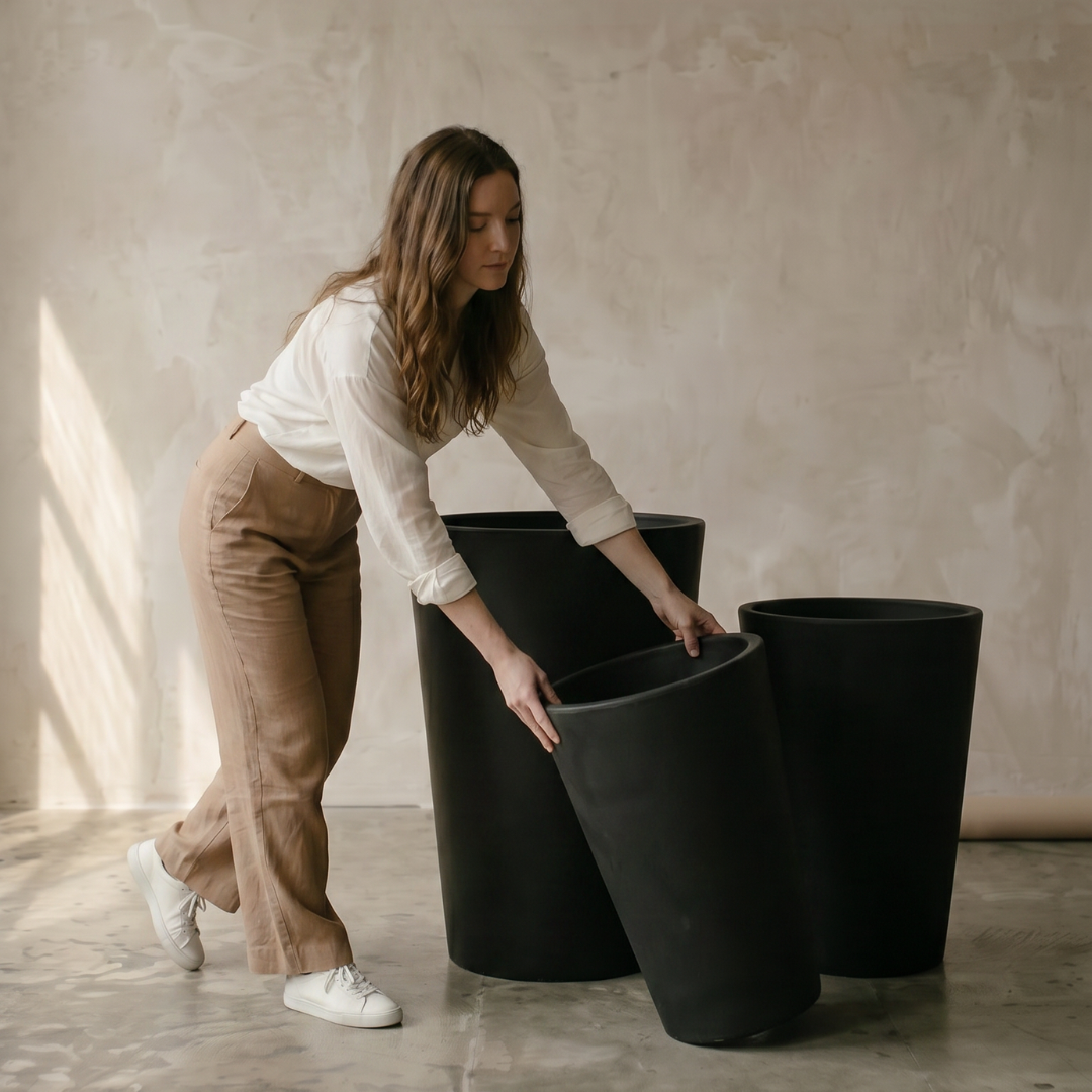 Tahiti Fiber Clay Planter, Hand-painted in Weathered Black
