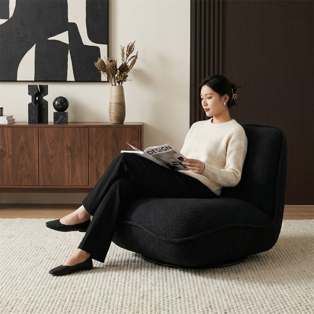 Avalon, Swivel Sofa Lounge Chair in Soft Black, 34”L x 38”W x 30”H