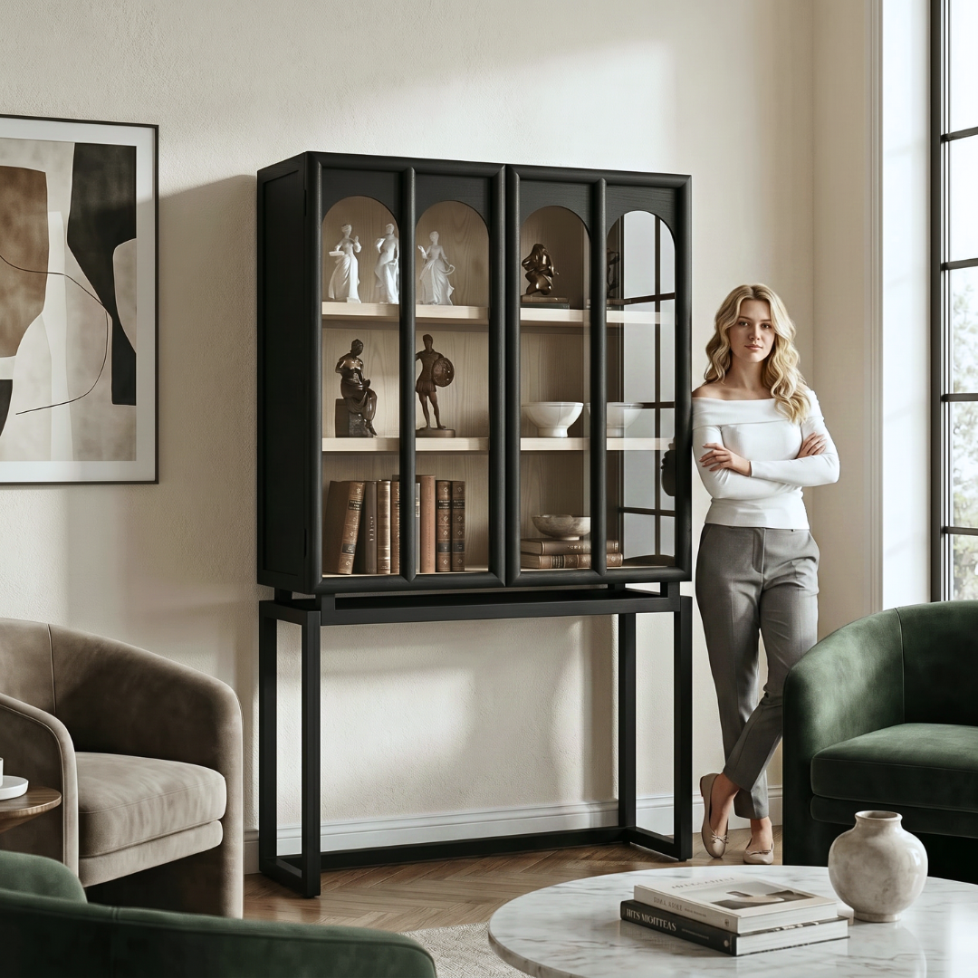 Ephyra, Oak Display Cabinet in Waxed Black Finish, Featuring  Arch Glass Doors, 39.4”L x 17.7”W x 67.7”H.