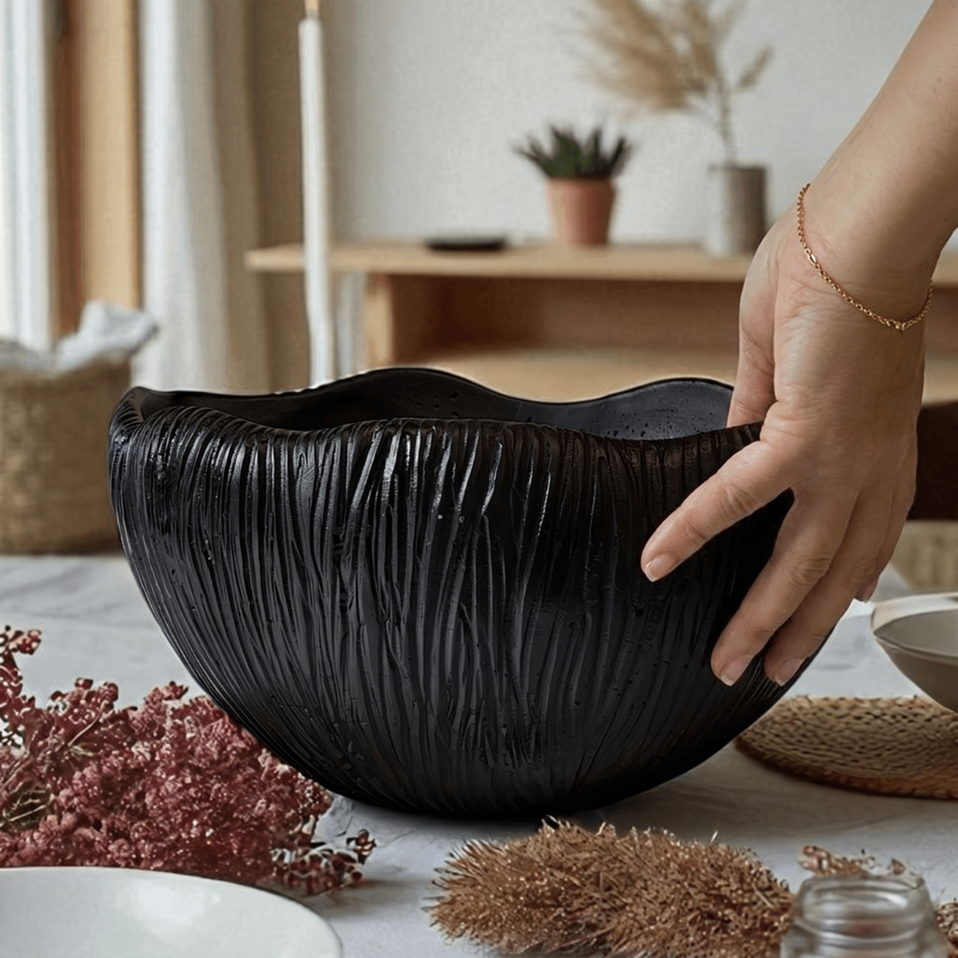 Somerset Bowl, Artisan Cement Display Piece Hand-painted in Jet Black, 11.5"D x 5.5"H