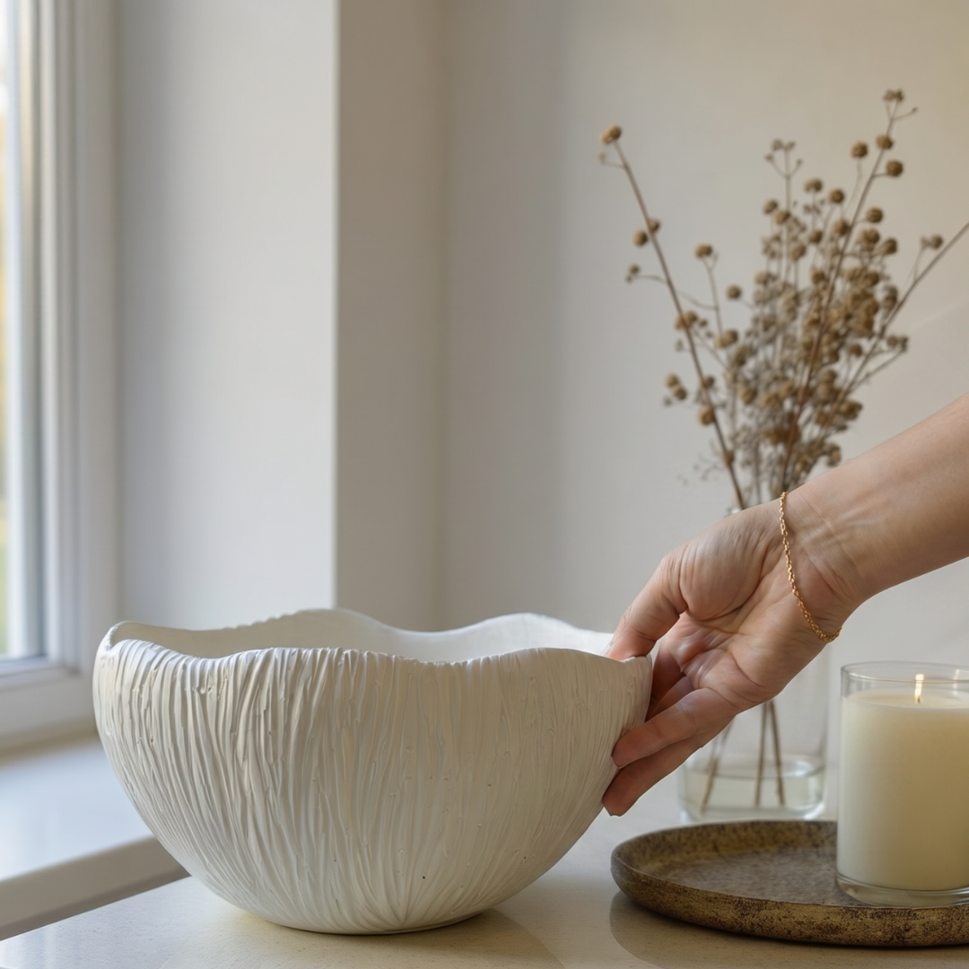 Somerset Bowl, Artisan Cement Display Piece Hand-painted in Linen White, 11.5"D x 5.5"H