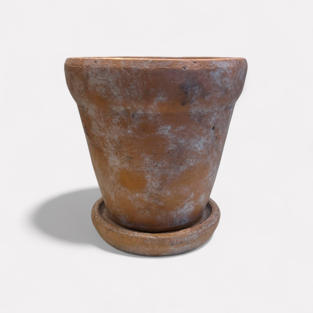 Medium Venice Cement Planter with Dish, Handcrafted in Aged Terracotta 7"D x 7"H