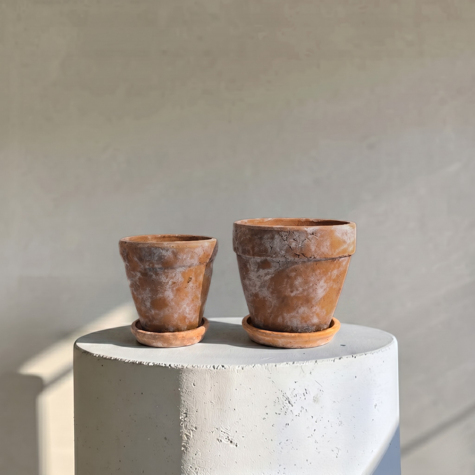 Venice Cement Planter with Dish and Drainage Hole, Handcrafted in Aged Terracotta, Medium & Large